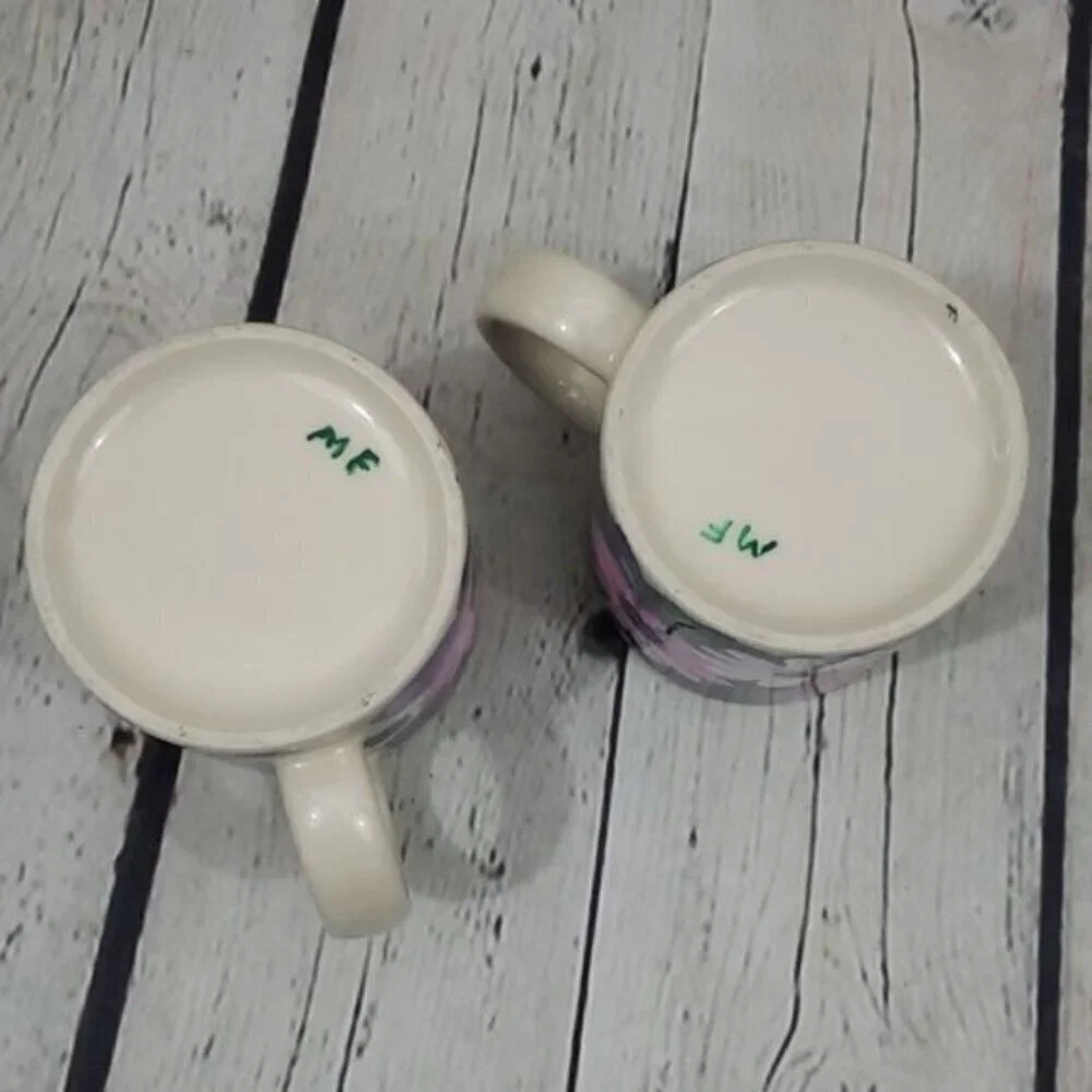 Vintage Handpainted Watercolor Colorful Floral Set of 2 Coffee Mugs